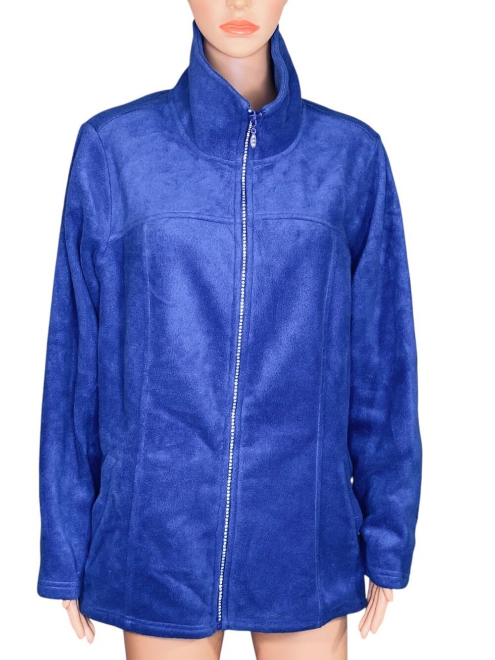 Quacker Factory Royal Blue Fleece Jacket Rhinestone Accents Full Zip SZ 1X